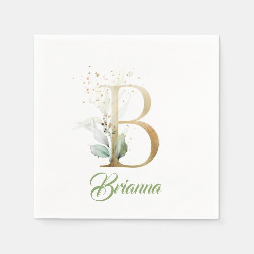 B monogram green eucalyptus gold glitter sparkles napkins