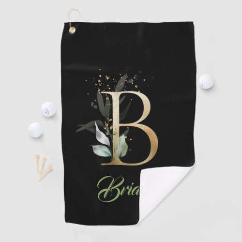 B monogram greenery eucalyptus gold glitter black  golf towel