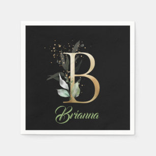 B monogram greenery eucalyptus gold glitter black napkins