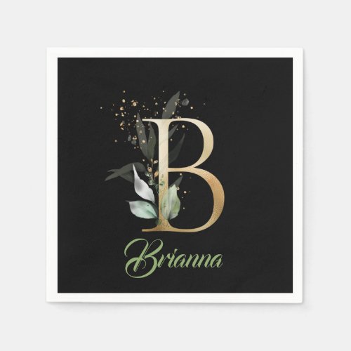 B monogram greenery eucalyptus gold glitter black napkins