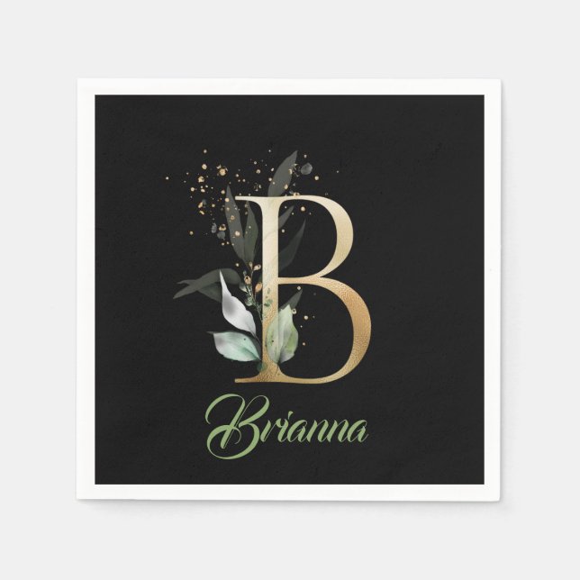 B monogram greenery eucalyptus gold glitter black napkins (Front)