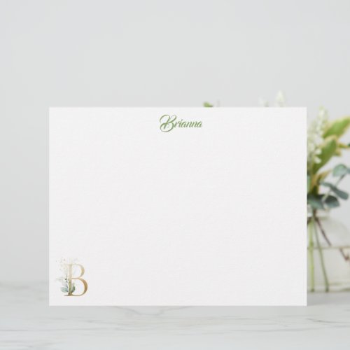 B monogram greenery eucalyptus gold glitter foil l letterhead