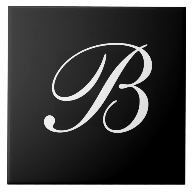B Monogram Initial White on Black Ceramic Tile (Front)