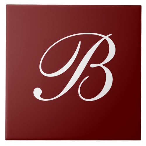 B Monogram Initial White on Maroon Ceramic Tile