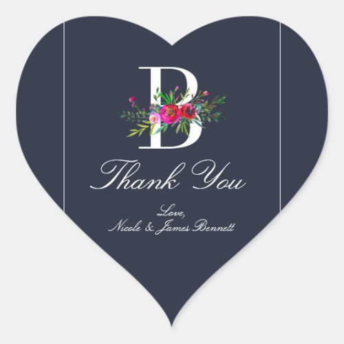 B Monogram Last Initial Modern Blue Floral Wedding Heart Sticker