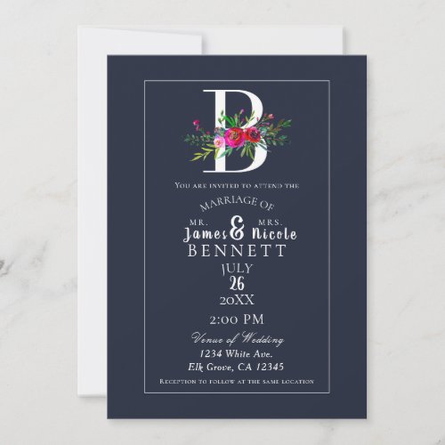 B Monogram Last Initial Modern Blue Floral Wedding Invitation