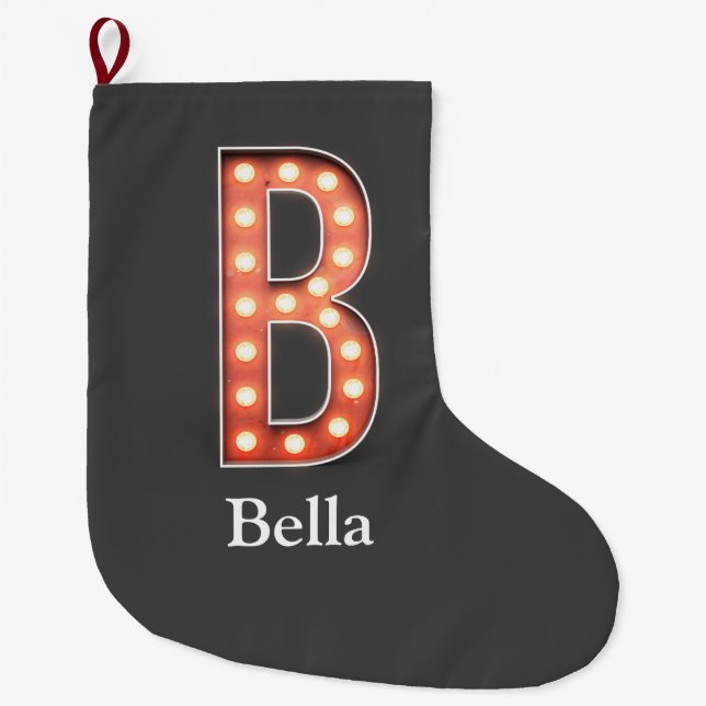 B Monogram Marquee Bulb Personalize  Large Christmas Stocking (Front)