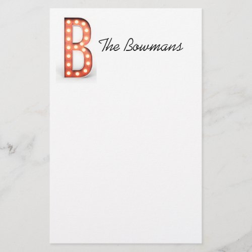 B Monogram Marquee Bulb Personalize Stationery