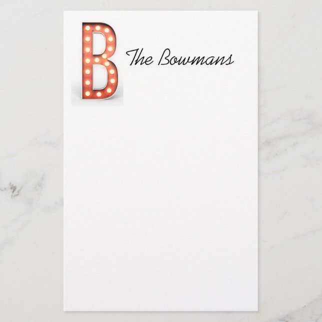 B Monogram Marquee Bulb Personalize Stationery (Front)