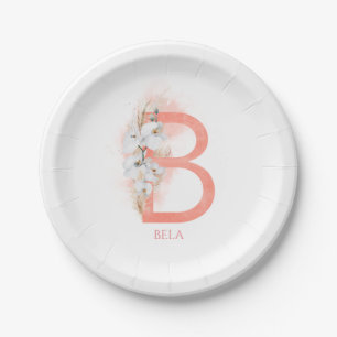 B Monogram Name Pampas Grass White Orchids Paper Plates