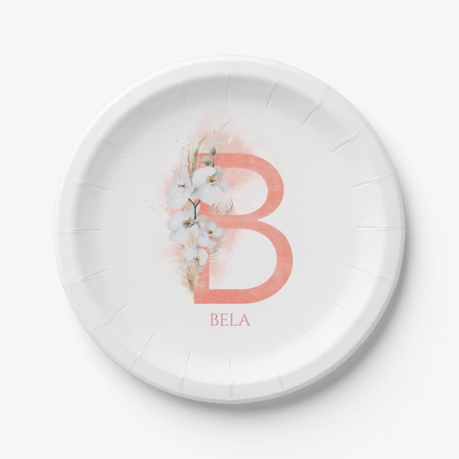 B Monogram Name Pampas Grass White Orchids Paper Plates (Front)