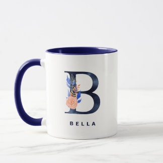 B Monogram Navy Blue Watercolor Floral Mug