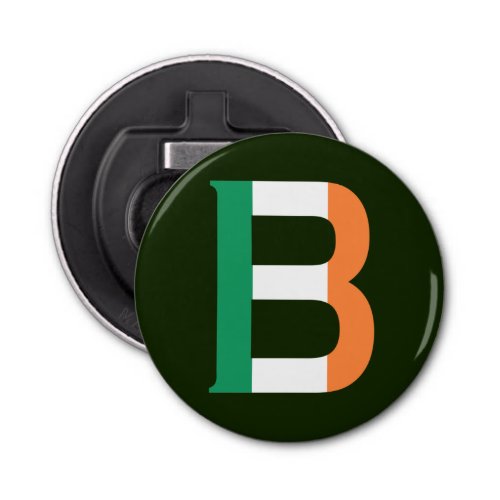 B Monogram overlaid on Irish Flag bocn Bottle Opener