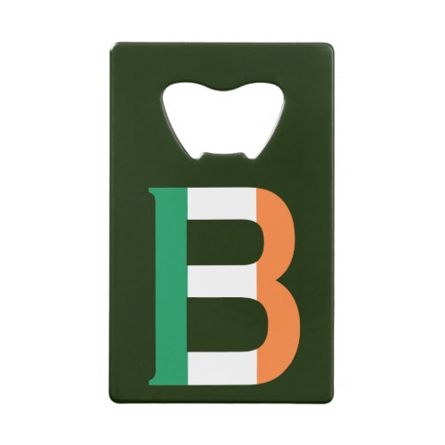 B Monogram overlaid on Irish Flag bocn Credit Card Bottle Opener