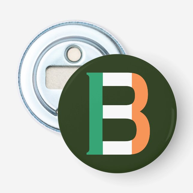 B Monogram overlaid on Irish Flag bocnt Bottle Opener (Front)