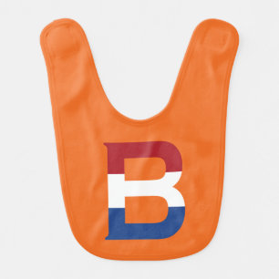 B Monogram overlaid on Netherlands Flag on or bbt Baby Bib