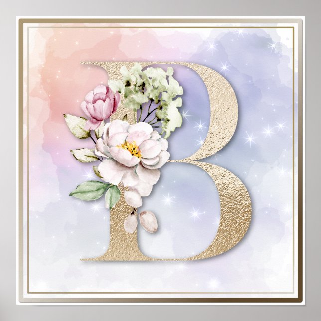 B Monogram Pink Floral Poster (Front)