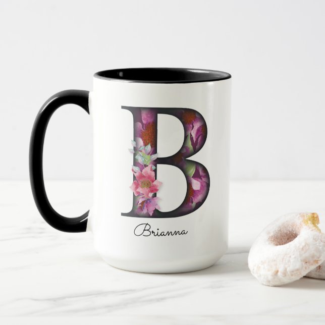 B Monogram Purple Floral Personalized Name Mug (With Donut)
