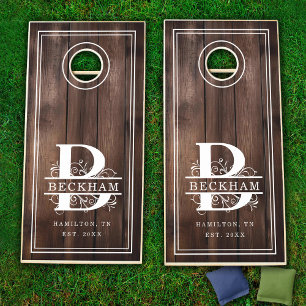 B Monogram Rustic Wood Family Name Cornhole Set