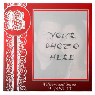 B Monogram "White Lace on Red" with Photo - Tile