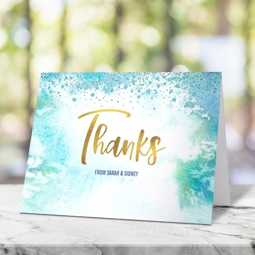 Bânai Mitzvah Gold Script on Turquoise Watercolor Thank You Card