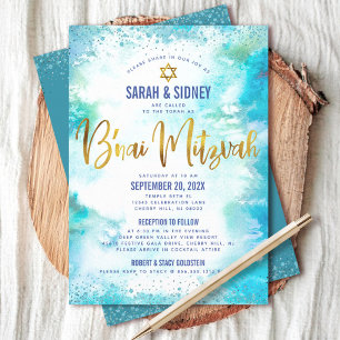 B’nai Mitzvah Gold Turquoise Watercolor 2 Venue Invitation