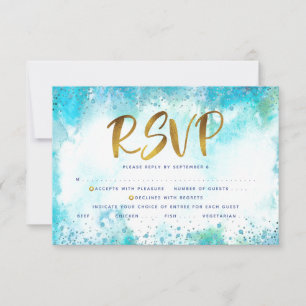 B’nai Mitzvah gold turquoise watercolor entrée RSVP Card