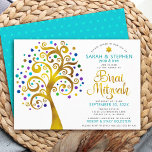 B’nai Mitzvah Turquoise Gold Foil Tree of Life Invitation<br><div class="desc">Be proud, rejoice and showcase this milestone of your favorite B’nai Mitzvahs! This graphic faux gold foil tree with sparkly turquoise, teal, purple and blue Star of David and dot “leaves” on a white background is the perfect invitation for this special occasion. A tiny, light turquoise blue Star of David...</div>
