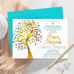B’nai Mitzvah Turquoise Gold Tree of Life 2 Date Invitation<br><div class="desc">Be proud, rejoice and showcase this milestone of your favorite B’nai Mitzvahs! This graphic faux gold foil tree with sparkly turquoise, teal, purple and blue Star of David and dot “leaves” on a white background is the perfect invitation for this special occasion. A tiny, light turquoise blue Star of David...</div>