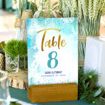 B’nai Mitzvah Turquoise Watercolor Gold Script Table Number<br><div class="desc">No B’nai Mitzvah party is complete without personalized table number cards. Let your favorite B’nai Mitzvahs be proud, rejoice and celebrate their milestone at their perfectly coordinated party. Stunning, modern, sparkly gold faux foil handwritten script and tiny blue confetti dots overlay a turquoise blue watercolor background. Personalize the custom text...</div>