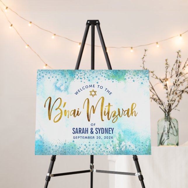 B’nai Mitzvah Turquoise Watercolor Gold Welcome Foam Board (In Situ (Stand))