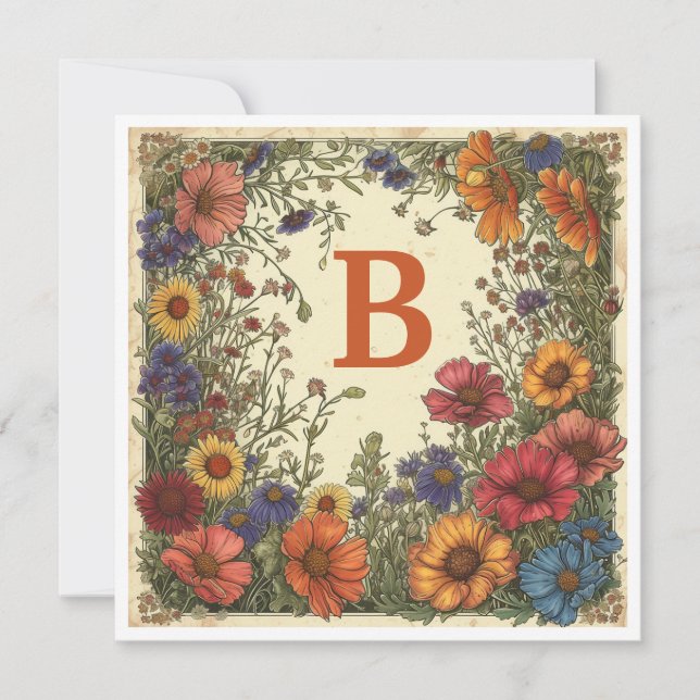 "B" Trinidad Orange: Bloom & Monogram Holiday Card (Front)