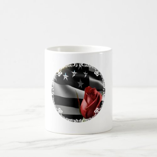 BW American flag with bright red Rose Coffee Mug