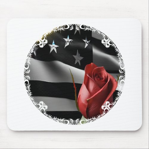 BW American flag with bright red Rose mouse pad