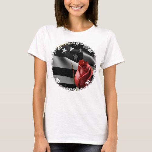BW American Flag with Red Rose  T_Shirt