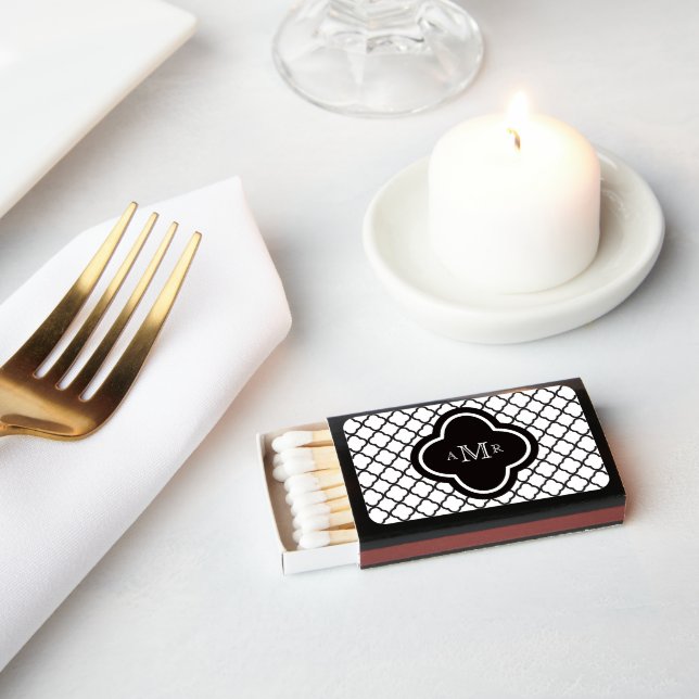 B&W Art Deco Quatrefoil Pattern Monogram Wedding Matchboxes (Insitu)