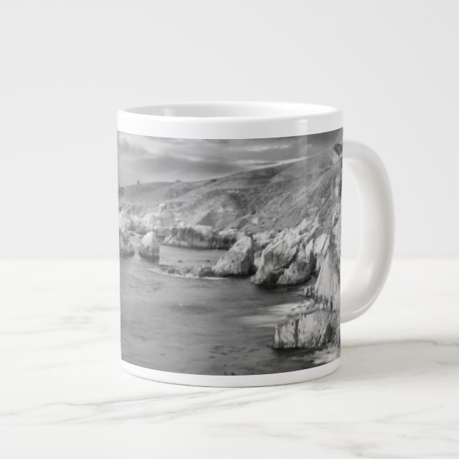 B&W beach coastline, California Large Coffee Mug (Front Right)
