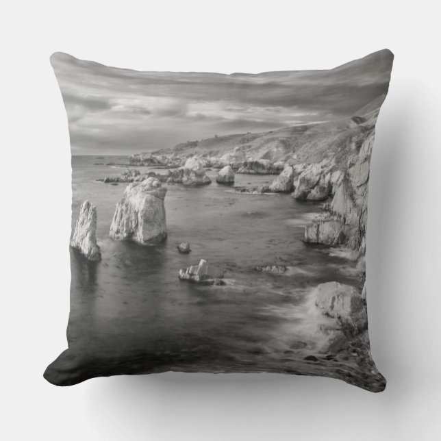 B&W beach coastline, California Throw Pillow (Front)