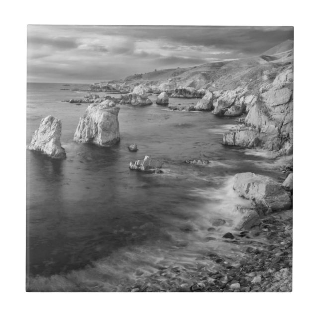 B&W beach coastline, California Tile (Front)