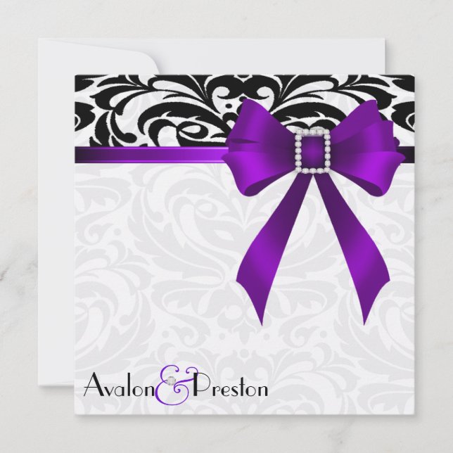 B&W Brocade Purple Bow Damask Wedding Invitation (Front)