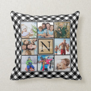 B&W Buffalo Check 8 Photo Monogram & Name Throw Pillow