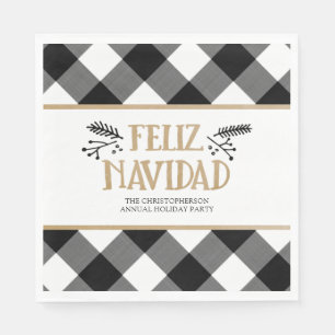 B&W Buffalo Check Brown Kraft Feliz Navidad Napkins
