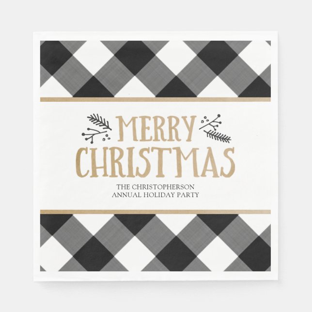 B&W Buffalo Check Brown Kraft Merry Christmas Napkins (Front)