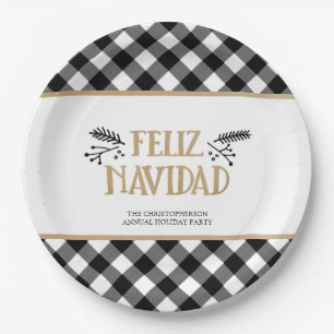 B&W Buffalo Check FELIZ NAVIDAD Personalized Paper Plates
