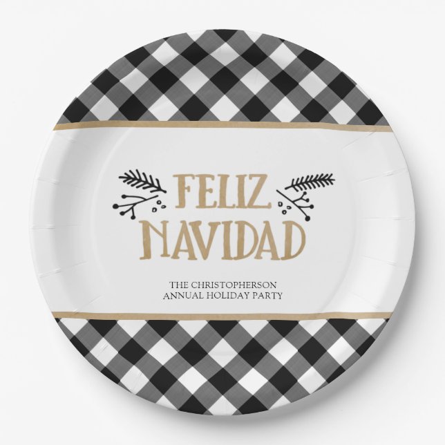 B&W Buffalo Check FELIZ NAVIDAD Personalized Paper Plates (Front)