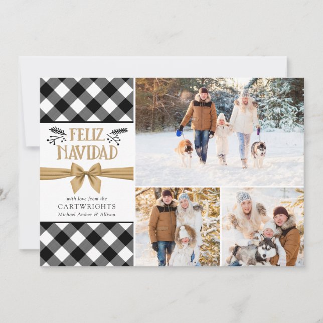 B&W Buffalo Check Gold Brown FELIZ NAVIDAD Holiday Card (Front)
