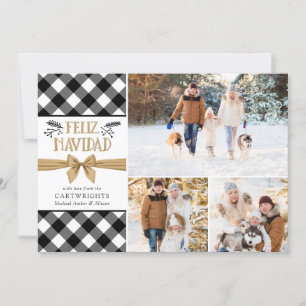 B&W Buffalo Check Gold Brown FELIZ NAVIDAD Holiday Card