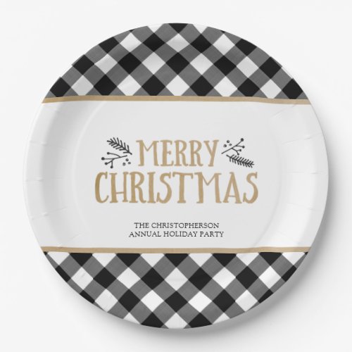 BW Buffalo Check MERRY CHRISTMAS Personalized Paper Plates