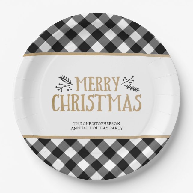 B&W Buffalo Check MERRY CHRISTMAS Personalized Paper Plates (Front)