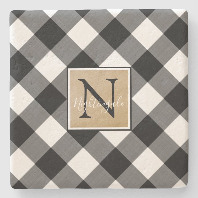 B&W Buffalo Check Monogram Name Stone Coaster (Front)